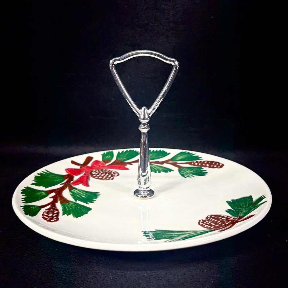 Vtg Handmade Signed Candy / Serving Dish Center Handle Embossed Pinecone Design